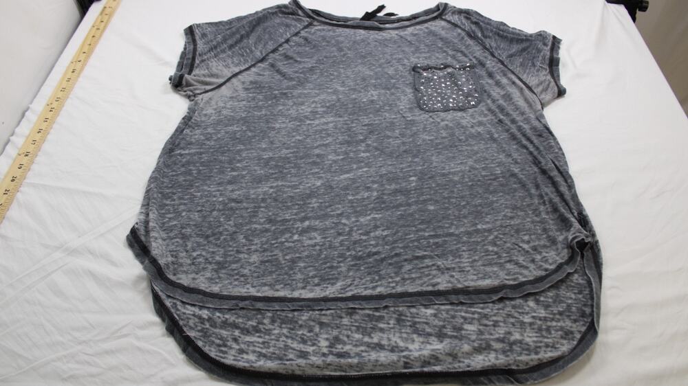 Seven7 Women's XXL Gray Burnout Studded Pocket High Low T-Shirt Rhinestone Top